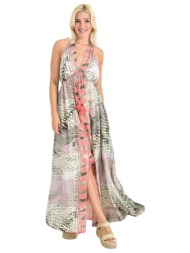 μάξι φόρεμα με animal print & δέσιμο στον λαιμό κοραλί 26701