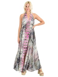 μάξι φόρεμα με animal print & δέσιμο στον λαιμό φούξια 26702