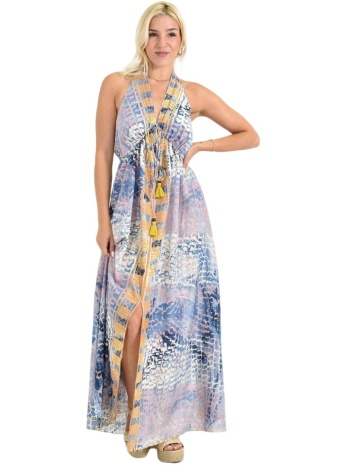 μάξι φόρεμα με animal print & δέσιμο στον λαιμό μπλε 26704
