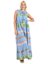 μάξι φόρεμα με πολύχρωμες λωρίδες & έθνικ λεπτομέρειες γαλάζιο 26718