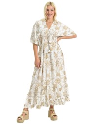 μάξι φόρεμα με χρυσαφί σχέδιο & λάστιχο εκρού 26733