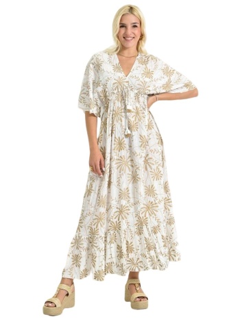 μάξι φόρεμα με χρυσαφί σχέδιο & λάστιχο εκρού 26733