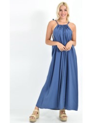μονόχρωμο αέρινο μάξι φόρεμα με δέσιμο στον ώμο μπλε 26663