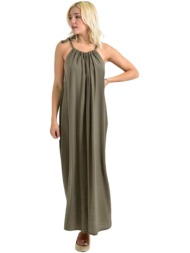 μονόχρωμο αέρινο μάξι φόρεμα με δέσιμο στον ώμο χακί 26669