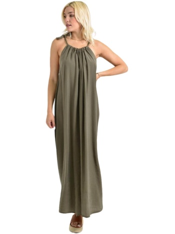 μονόχρωμο αέρινο μάξι φόρεμα με δέσιμο στον ώμο χακί 26669