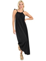 μονόχρωμο αέρινο μάξι φόρεμα με δέσιμο στον ώμο μαύρο 26670