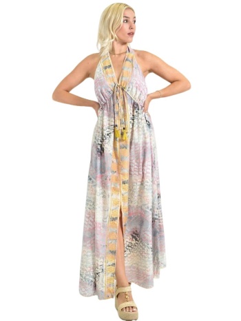 μάξι φόρεμα με animal print & δέσιμο στον λαιμό κίτρινο