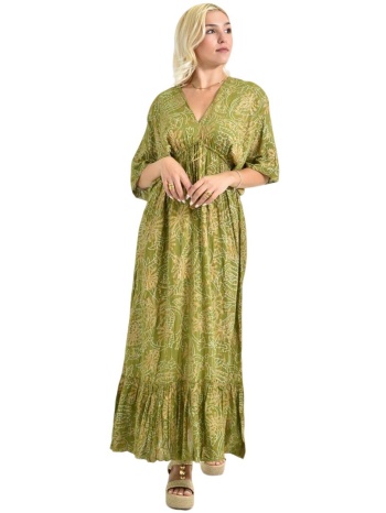 μάξι φόρεμα με χρυσαφί σχέδιο & λάστιχο λαδί 26732