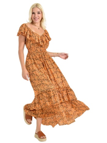 γυναικείο φλοράλ μακρύ φόρεμα με βολάν και άνοιγμα στους