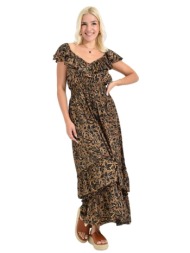 γυναικείο φλοράλ μακρύ φόρεμα με βολάν και άνοιγμα στους ώμους καφέ 26831