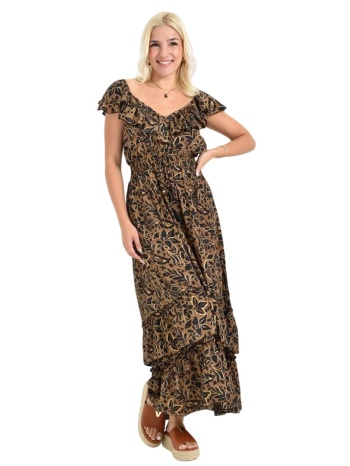 γυναικείο φλοράλ μακρύ φόρεμα με βολάν και άνοιγμα στους