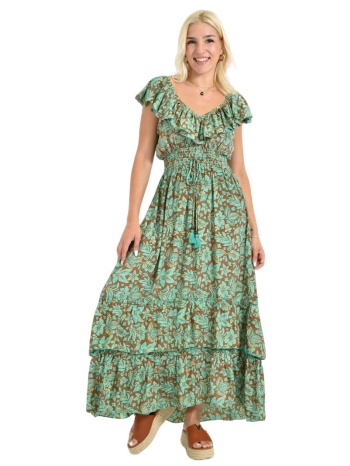 γυναικείο φλοράλ μακρύ φόρεμα με βολάν και άνοιγμα στους