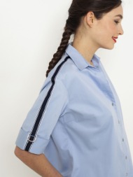 camaieu shirt blue material 1 - 100% polyester; material 2 - 54% cotton, 42% viscose, 4% elastane