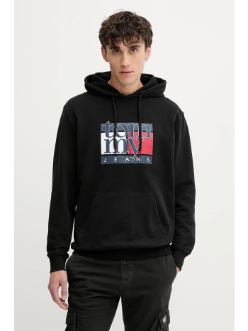 βαμβακερή μπλούζα tommy jeans χρώμα μαύρο, με κουκούλα