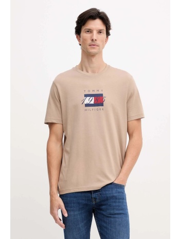 βαμβακερό μπλουζάκι tommy hilfiger ανδρικό, χρώμα μπεζ