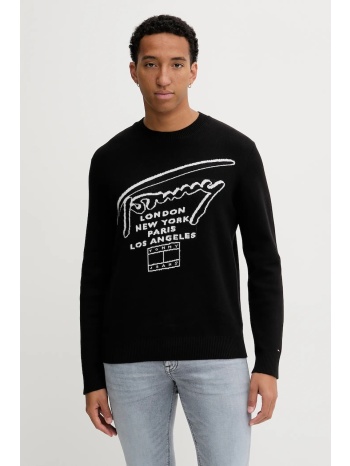 βαμβακερό πουλόβερ tommy jeans ανδρικό, χρώμα μαύρο