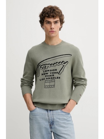 βαμβακερό πουλόβερ tommy jeans ανδρικό, χρώμα πράσινο