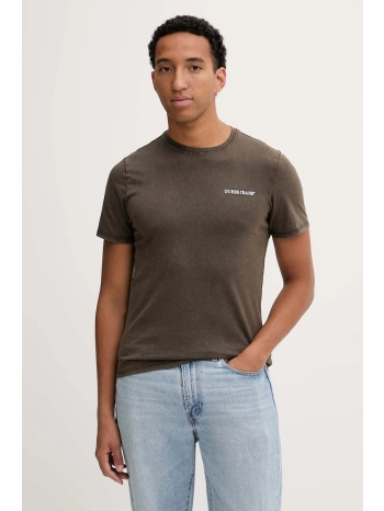 βαμβακερό μπλουζάκι guess jeans ανδρικό, χρώμα καφέ