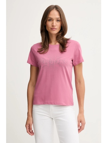 βαμβακερό μπλουζάκι pepe jeans χρώμα ροζ, pl5000026 100%