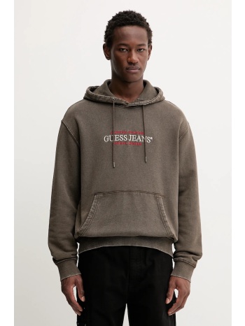 βαμβακερή μπλούζα guess jeans χρώμα καφέ, με κουκούλα
