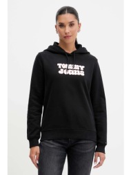 βαμβακερή μπλούζα tommy jeans γυναικεία, χρώμα: μαύρο, με κουκούλα, dw0dw21962 υλικό 1: 100% βαμβάκι
