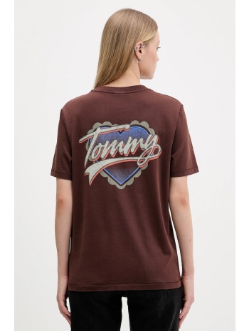βαμβακερό μπλουζάκι tommy jeans χρώμα καφέ, dw0dw21524
