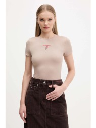 μπλουζάκι tommy jeans χρώμα: καφέ, dw0dw21787 95% βαμβάκι, 5% σπάντεξ