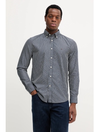 βαμβακερό πουκάμισο tommy hilfiger ανδρικό, χρώμα μαύρο