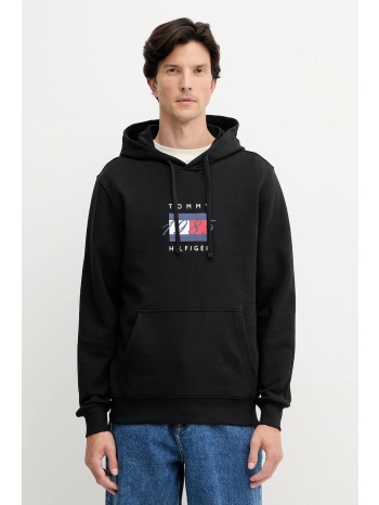 βαμβακερή μπλούζα tommy hilfiger χρώμα μαύρο, με κουκούλα