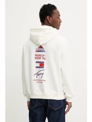 βαμβακερή μπλούζα tommy jeans χρώμα μπεζ, με κουκούλα