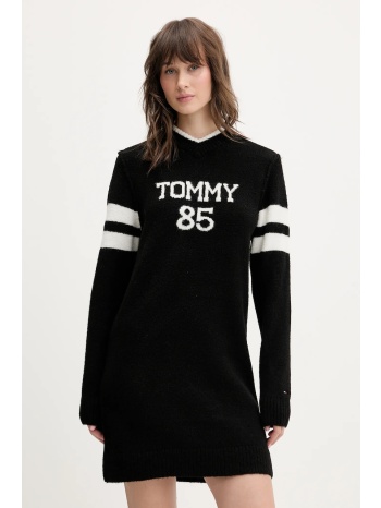 φόρεμα από μείγμα μαλλιού tommy jeans χρώμα μαύρο