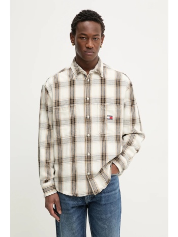 βαμβακερό πουκάμισο tommy jeans ανδρικό, χρώμα μπεζ