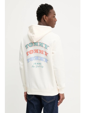 βαμβακερή μπλούζα tommy jeans χρώμα μπεζ, με κουκούλα