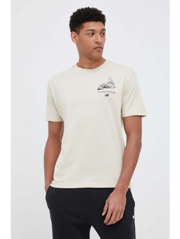 βαμβακερό μπλουζάκι new balance χρώμα μπεζ κύριο υλικό