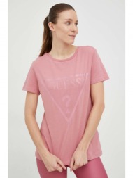 βαμβακερό μπλουζάκι guess χρώμα: ροζ 100% βαμβάκι