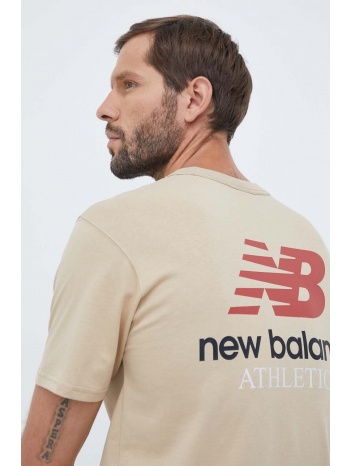 βαμβακερό μπλουζάκι new balance χρώμα μπεζ 100% βαμβάκι