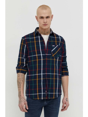 βαμβακερό πουκάμισο tommy jeans ανδρικό, χρώμα ναυτικό