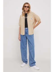 βαμβακερό πουκάμισο calvin klein jeans χρώμα: μπεζ 100% βαμβάκι
