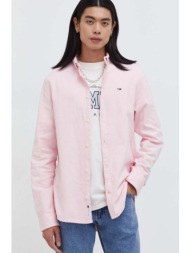 βαμβακερό πουκάμισο tommy jeans ανδρικό, χρώμα: ροζ 100% βαμβάκι
