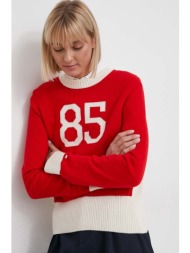 πουλόβερ με προσθήκη μαλλιού tommy hilfiger γυναικεία, χρώμα: κόκκινο 39% βαμβάκι, 39% πολυαμίδη, 22