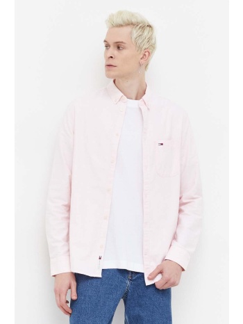 βαμβακερό πουκάμισο tommy jeans ανδρικό, χρώμα ροζ 100%