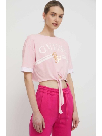 βαμβακερό μπλουζάκι guess γυναικεία, χρώμα ροζ 100% βαμβάκι
