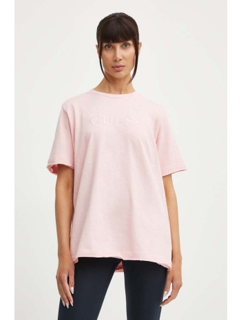 βαμβακερό μπλουζάκι guess athena γυναικείο, χρώμα ροζ
