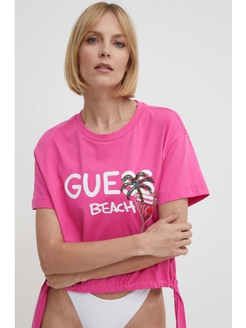 βαμβακερό μπλουζάκι παραλίας guess χρώμα ροζ, e4gi03 i3z14