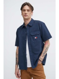βαμβακερό πουκάμισο tommy jeans ανδρικό, χρώμα: ναυτικό μπλε, dm0dm18969 100% βαμβάκι