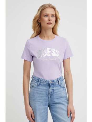 βαμβακερό μπλουζάκι guess γυναικείο, χρώμα ροζ, w4gi31