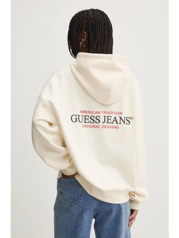μπλούζα guess jeans χρώμα μπεζ, με κουκούλα, w4bq21 kc811