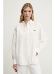 βαμβακερό πουκάμισο tommy jeans χρώμα: μπεζ, dw0dw19358 100% βαμβάκι