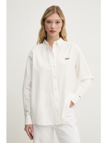βαμβακερό πουκάμισο tommy jeans χρώμα μπεζ, dw0dw19358