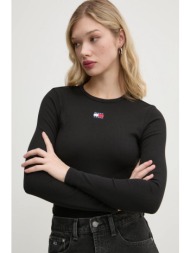 μακρυμάνικο tommy jeans χρώμα: μαύρο, dw0dw20178 95% βαμβάκι, 5% σπαντέξ